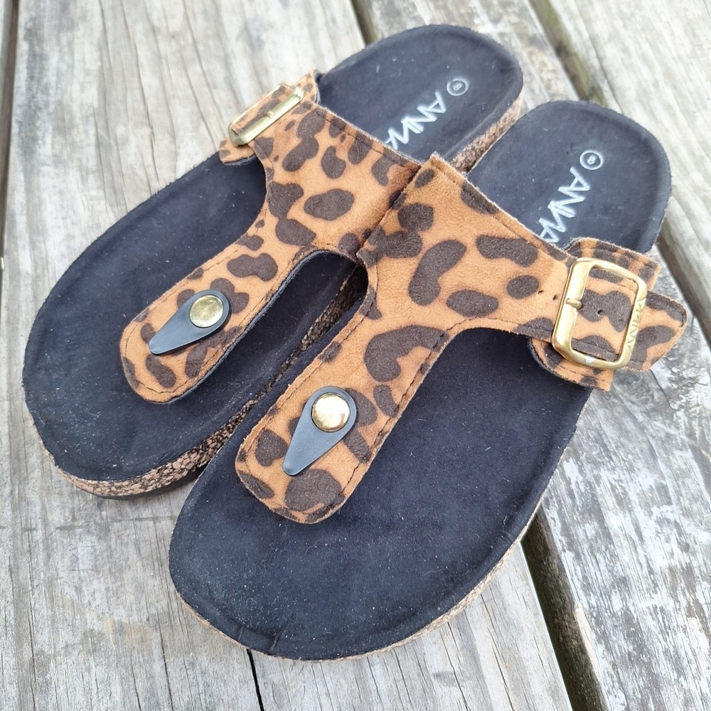 ANNA GLORY SANDALS LEOPARD SUEDE Womens Size 8 Cork Buckle Slides Shoes NEW